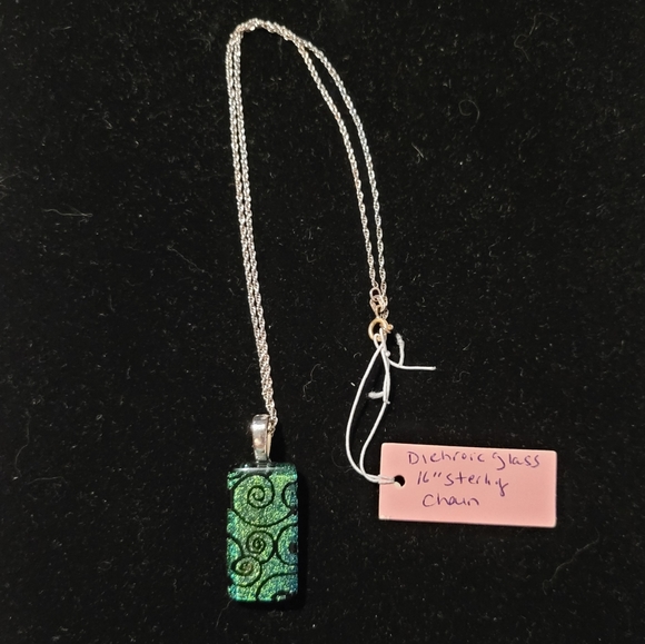 Dramatic Dichroic Glass Pendant on Sterling Rope Chain - Picture 3 of 4